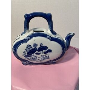Vintage Chinese Blue and White Porcelain Decorative Flat Teapot No Lid